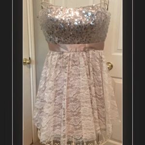 Nude Pink Sequin Strapless Lace Floral Mini Prom Dress